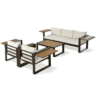 Ensemble de patio extérieur 4 pièces avec 4 tables d'appoint rabattables, canapé 3 places avec cadre en aluminium et 2 fauteuils pour 5 personnes, mobilier de jardin moderne avec coussins gris