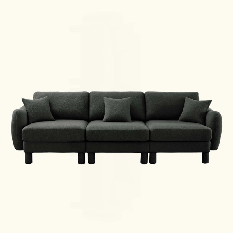 Canapé à 3 places en tissu Boucle avec accoudoirs distinctifs en forme de coquillage, pieds cylindriques enveloppés de tissu d'ameublement
