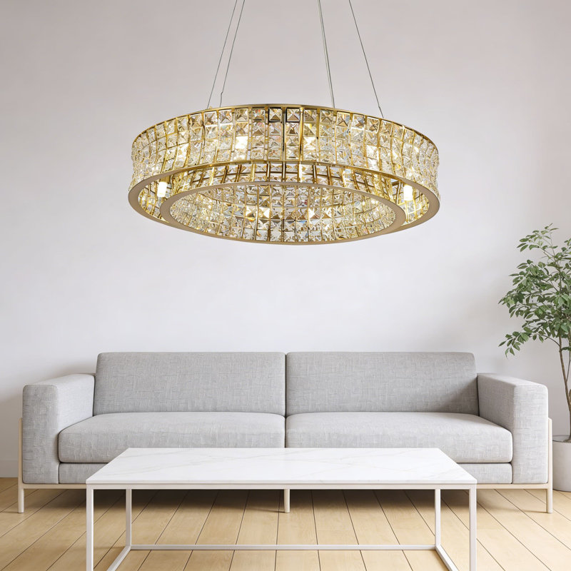 Lustre moderne en cristal avec 12 lumières, plafonnier rond contemporain avec cristaux rectangulaires pour la salle à manger, le salon, la chambre à coucher ou le vestibule, installation facile