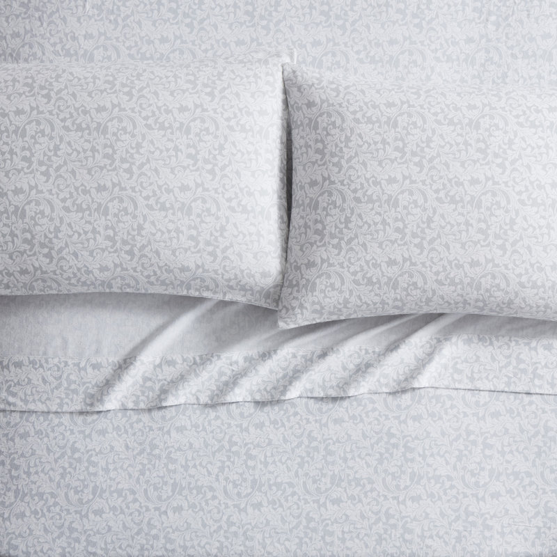 Scroll 4-Piece Triple Brushed Cotton Flannel Bed Sheet Set, Gray, Queen Sheet Set with Fitted Sheet and Pillowcases