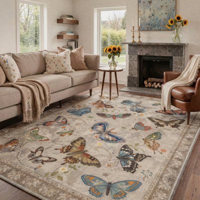 Tapis d'intérieur beige / brun à motif de papillons floraux Adonis Aura