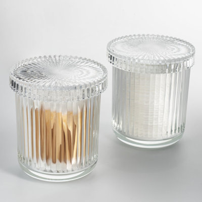 2 Pack Cotton Swab Holder, Apothecary Jars With Lids, Bathroom Organizers And Storage Canister, Glass Vintage Bathroom Decor Jar Set