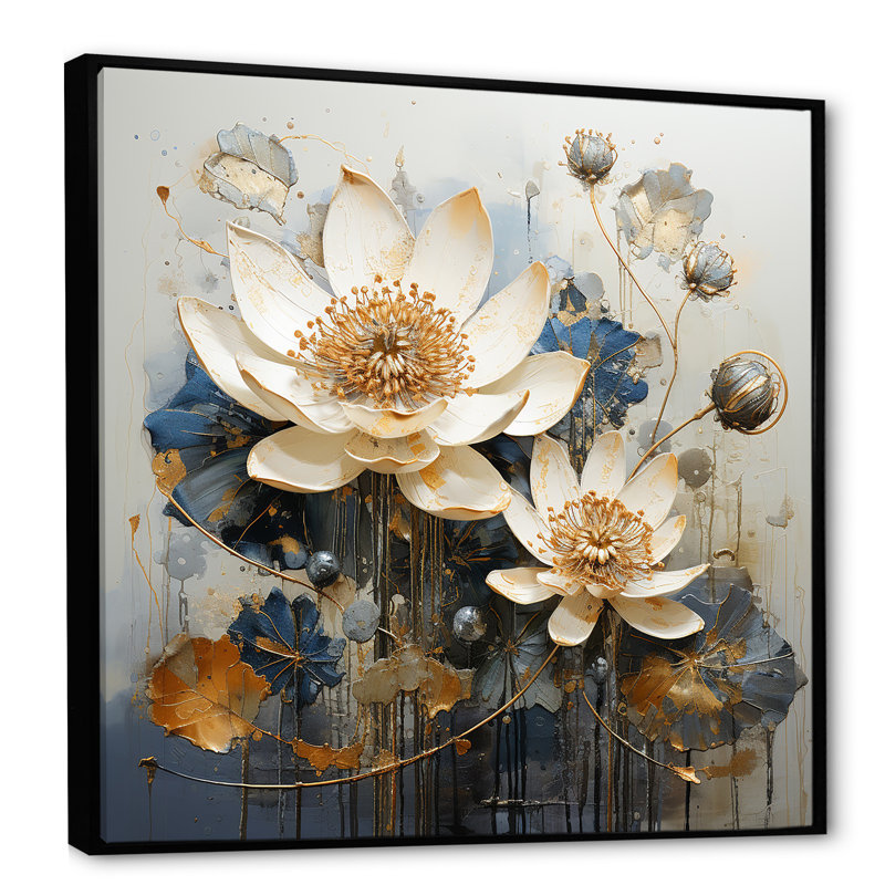 Or et lotus bleu en harmonie - impression, Cadre flottant noir, H 30 po x l 30 po