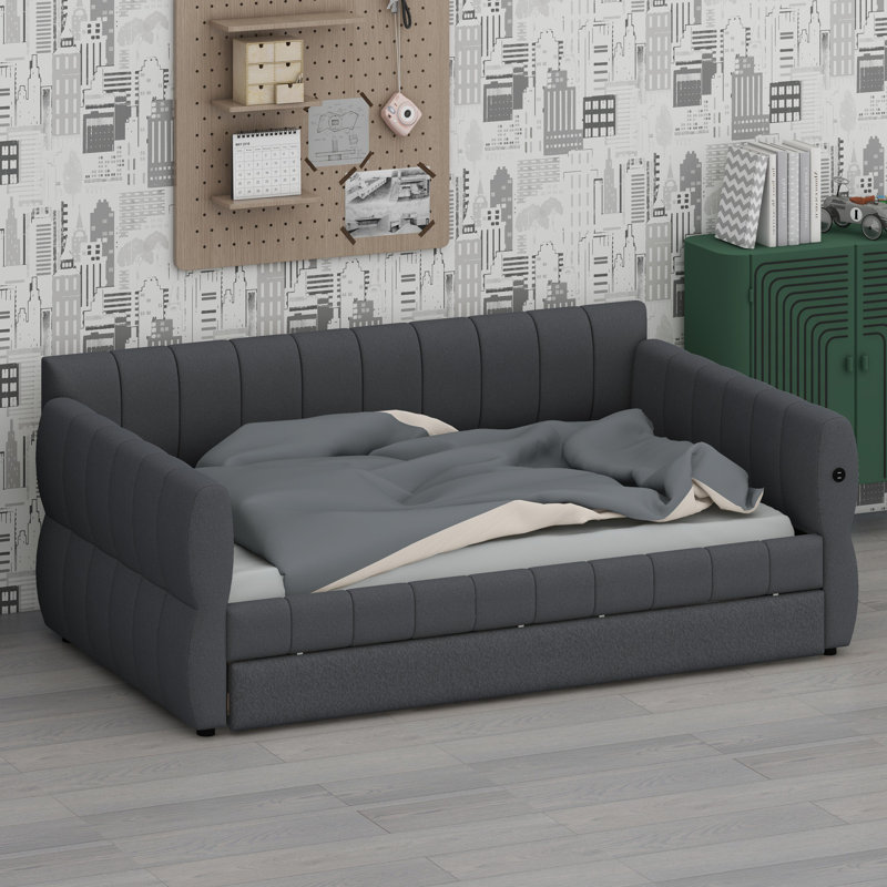 Modern Upholstered Bed Featuring Built-In USB And Hidden Trundle, Gray
