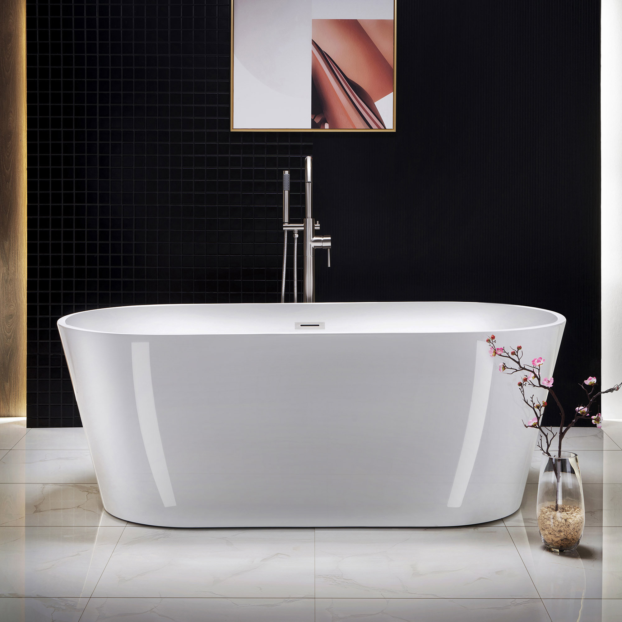 67" x 32" Freestanding Soaking Acrylic Bathtub, White, Brushed Nickel