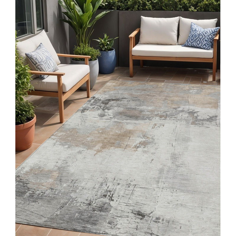 Tapis extérieur lavable abstrait ivoire et gris 5 pi x 8 pi