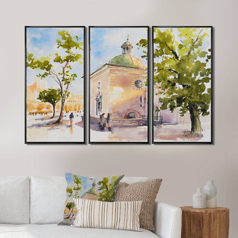 «Rustic Church In The Village», peinture sur toile flottante 3 pièces, Cadre noir, H 28 po x l 36 po x P 1 po