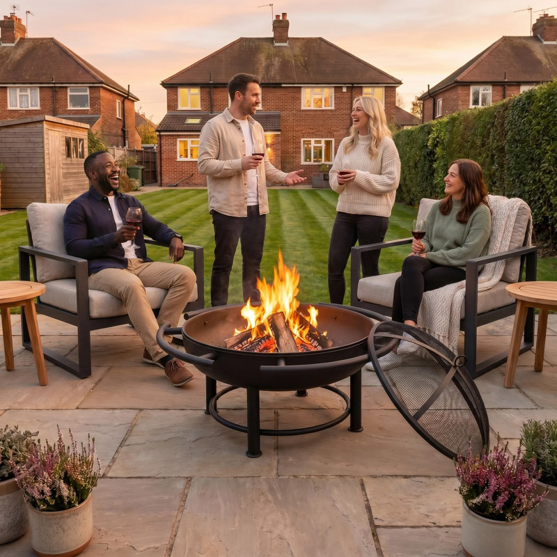 80cm Wood Burning Fire Pit with Carry Handles and Mesh Spark Guard in Black