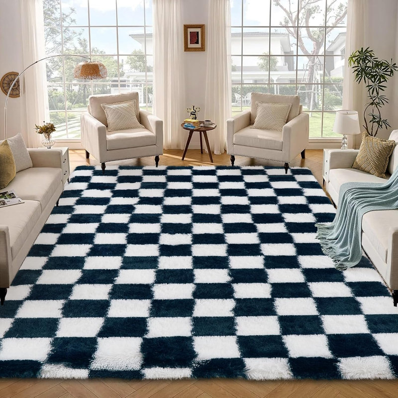 Rug - Machine Washable, Non-Slip, Stain-Resistant Checkerboard Plush Carpet for Hallways, Entryways, Bedrooms (Navy Blue)