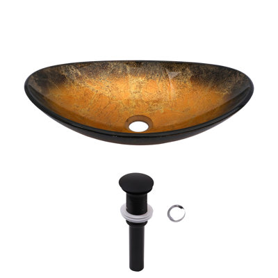 18.5" Glass Oval Vessel Bathroom Sink with Pop-Up Drain