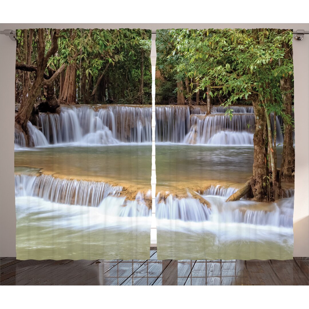 Rustikaler Vorhang, Wasserfall Kanchanaburi, Thailand, Grün Braun Grau