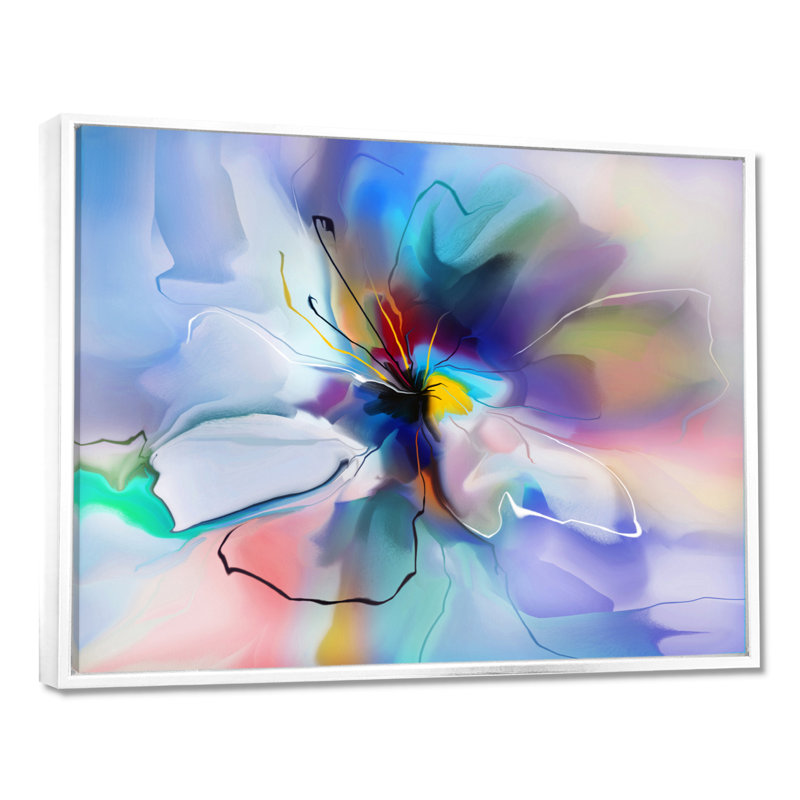 Fleur abstraite, création et impression bleue, H 34 po x l 44 po, Cadre flottant blanc