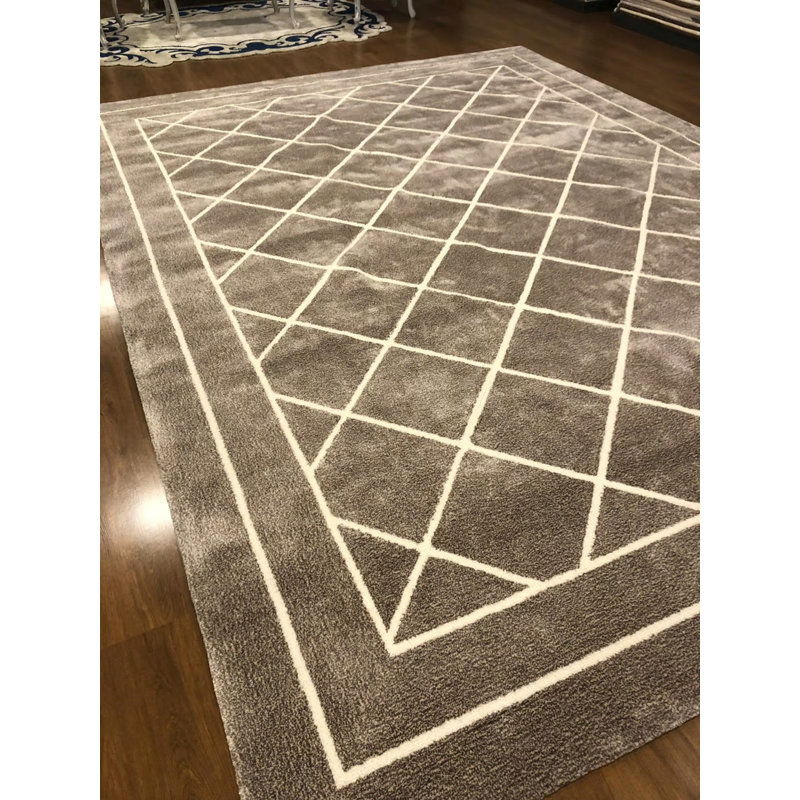 Tapis touffeté spécial de couleur crème anthracite à motif géométrique lavable en viscose, Rectangle 2 pi 11 po x 4 pi 11 po