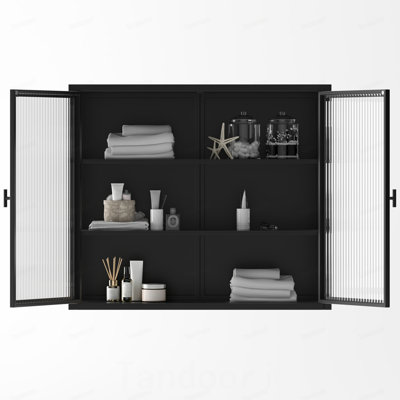 Glass Doors Modern Two-door Wall Cabinet with Featuring Three-tier Storage for Entryway Living Room Bathroom Dining Room