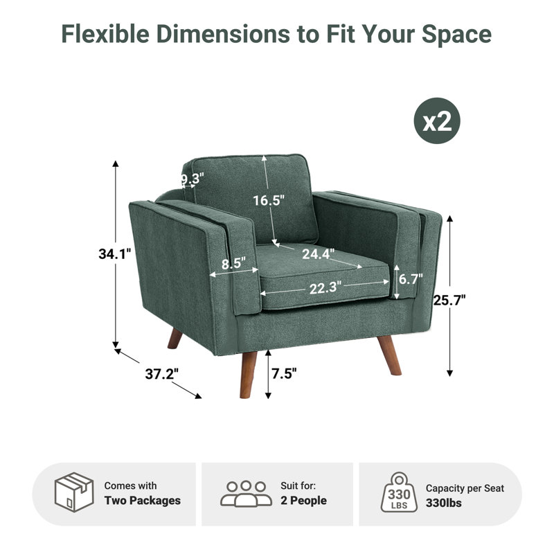Fauteuil d'appoint rembourré de 39,3 pouces de large avec pieds en bois massif (ensemble de 2), Chenille verte