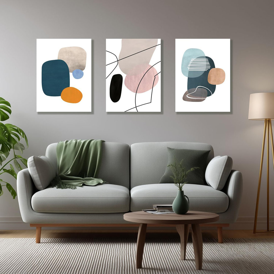 Framed Abstract Geometric Wall Art, Orange Blue Beige Color Block Wall Decor, Modern Minimalist Canvas Painting, Neutral Boho Colorful Geometric Aesth