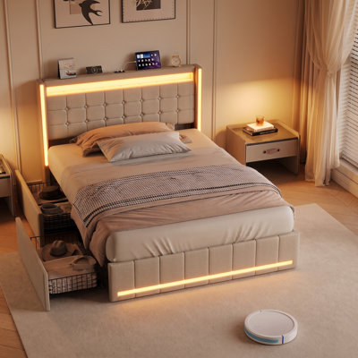 Storage Bed with RGB LED and USB Type-C Ports, Single Bed Upholstered in Linen Fabric, Upholstered Headboard, Slatted Base, Hydraulic Storage, Linen