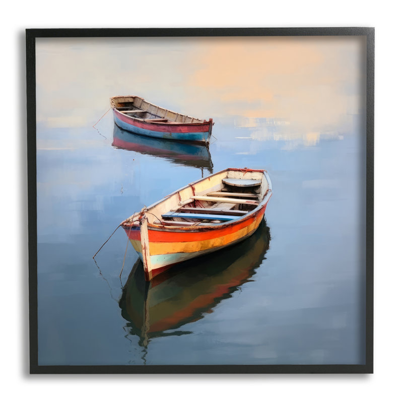 Ba-054 - Bateaux rayés encadrés dans un lac, Giclée encadrée noir minuit, H 17 po x l 17 po x P 1,5 po