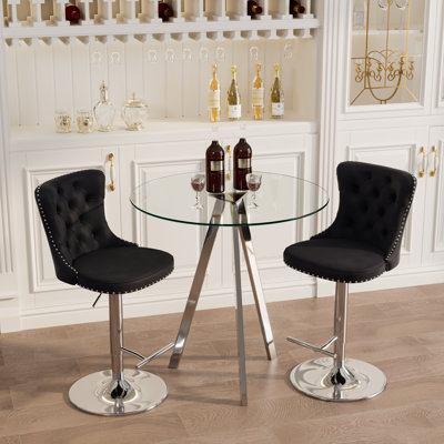 3 Piece Bar Height Set, Tempered Glass Round Dining Table and Velvet Adjustable Dining Chairs.