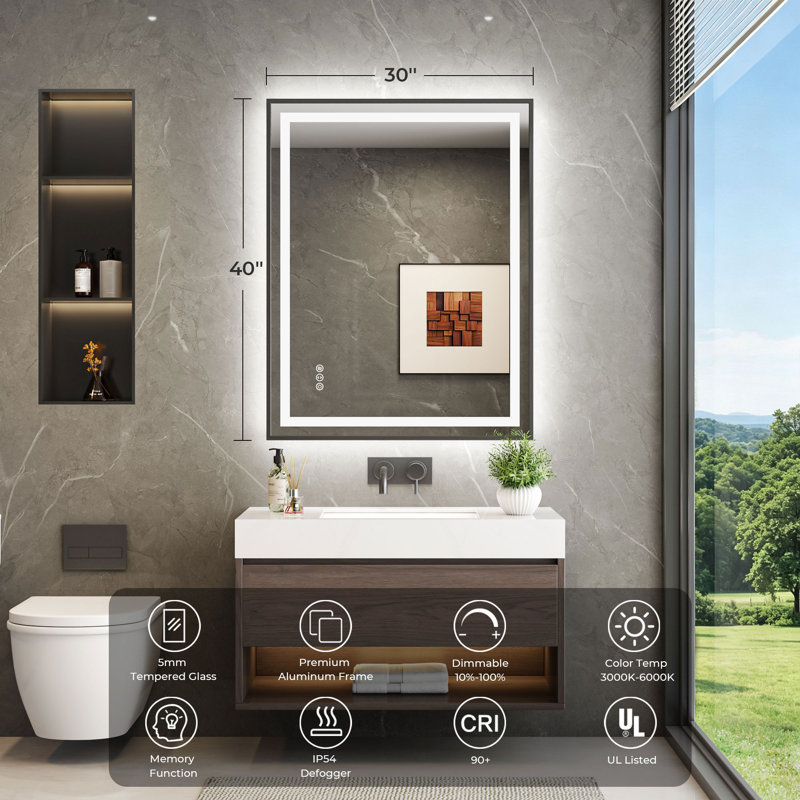 Miroir de salle de bain noir à cadre avant en aluminium noir et rétro-éclairé avec éclairage à 3 couleurs à intensité variable, antibuée et verre trempé