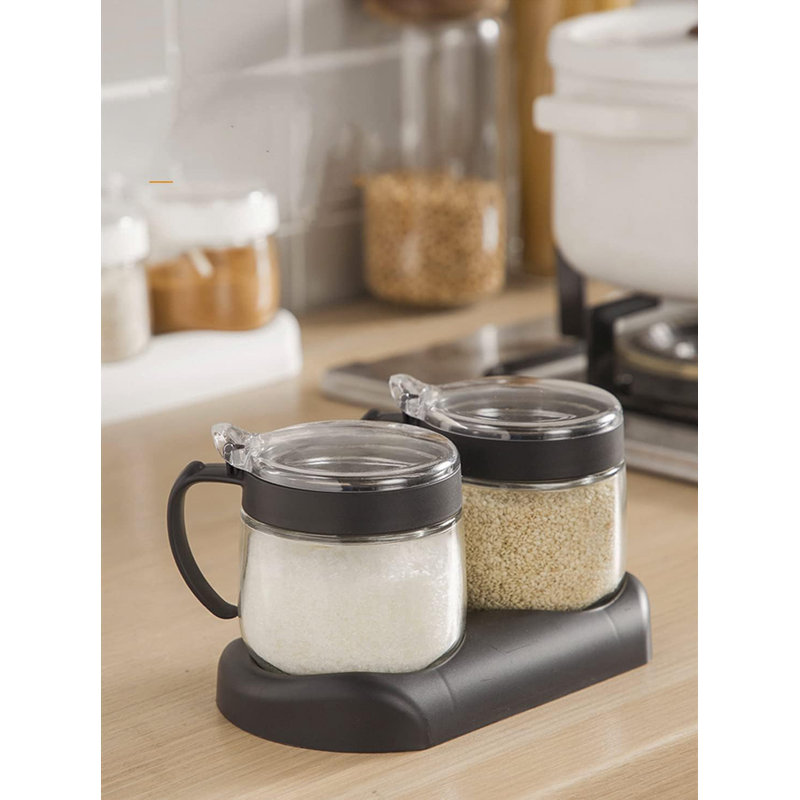 Glass Seasoning Box Set,12Oz/350 Ml Condiment Set With Lids And Spoon,Glass Condiment Canisters,2Pack Scondiment Jar Set For Sugar Pepper For Kitchen Counter(Black)