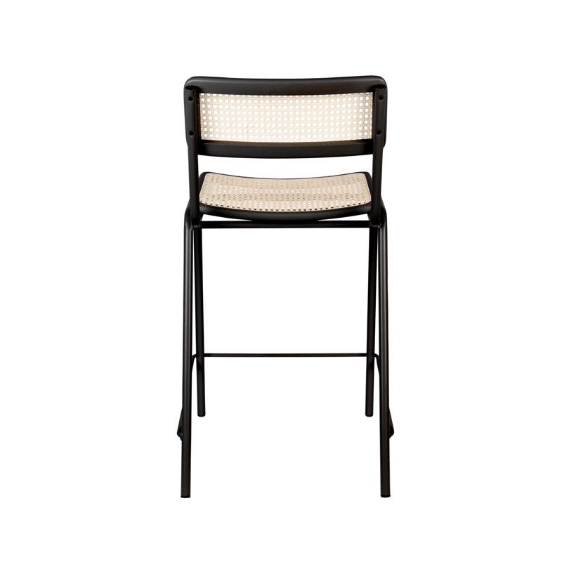 Bauhaus Inspired Black Steel and Wood Counter Stool with Rattan Seat