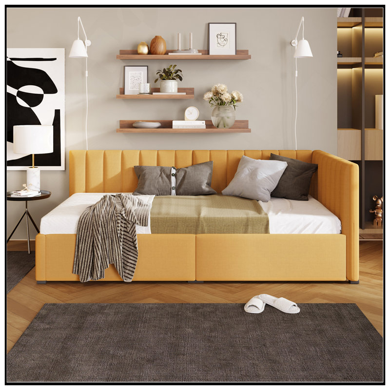 Lit de jour rembourré avec 2 tiroirs de rangement, structure de canapé-lit simple, aucun sommier nécessaire, tissu en lin