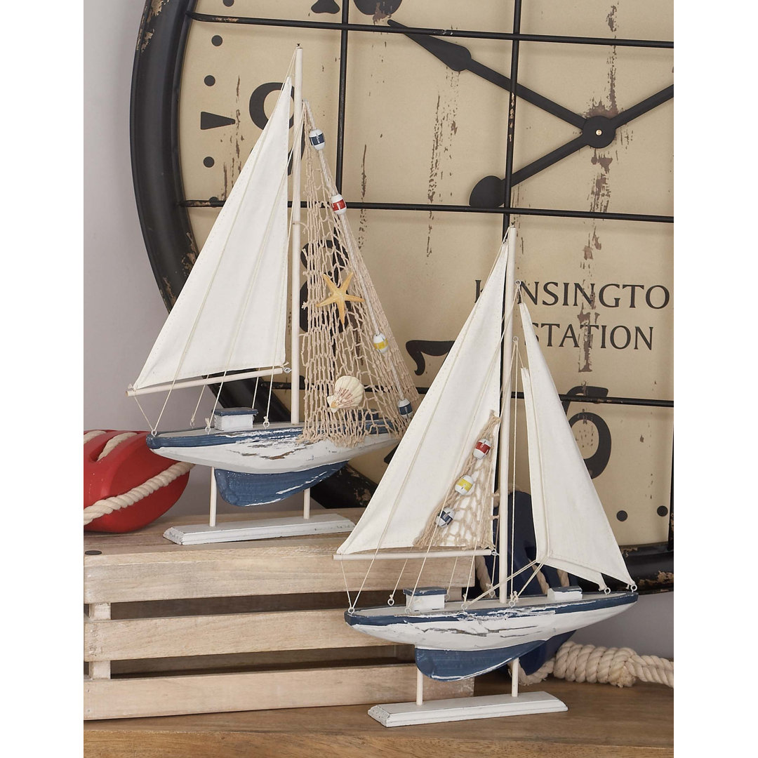 Yesayi Wood Handmade Sail Boat Decorative White Sculpture Set (Set of 2) Breakwater Bay