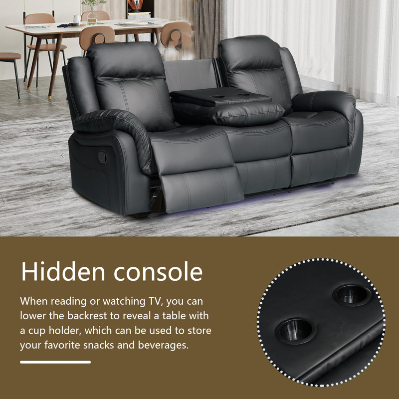Manual Reclining Black Leather Sofa With Drop Down Table, Black