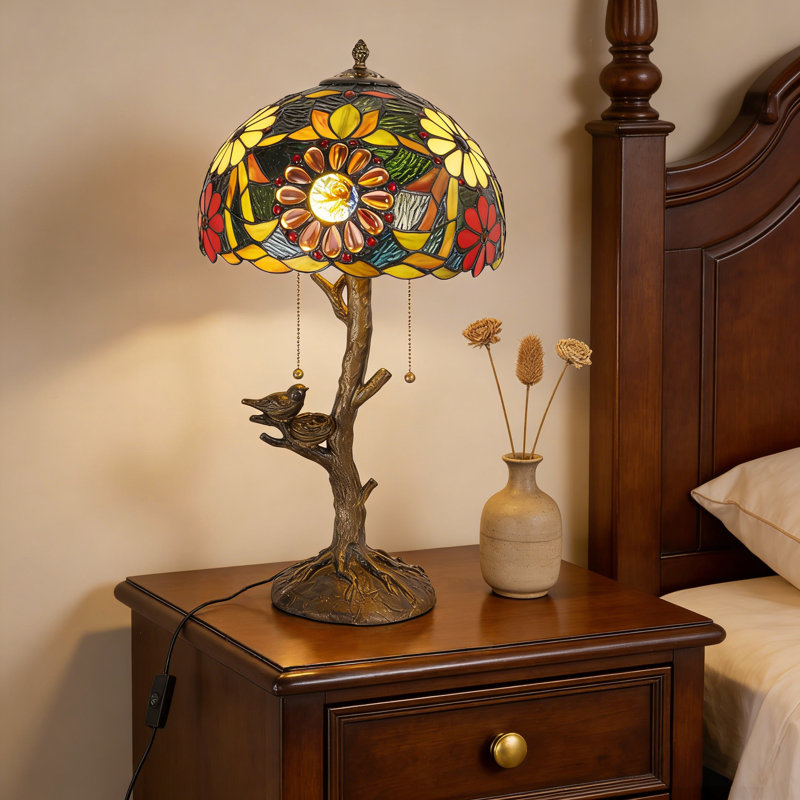 Tiffany Style Table Lamp With Stained Glass Featuring Wild Chrysanthemum Motifs And Bird Designs, Bulb Included