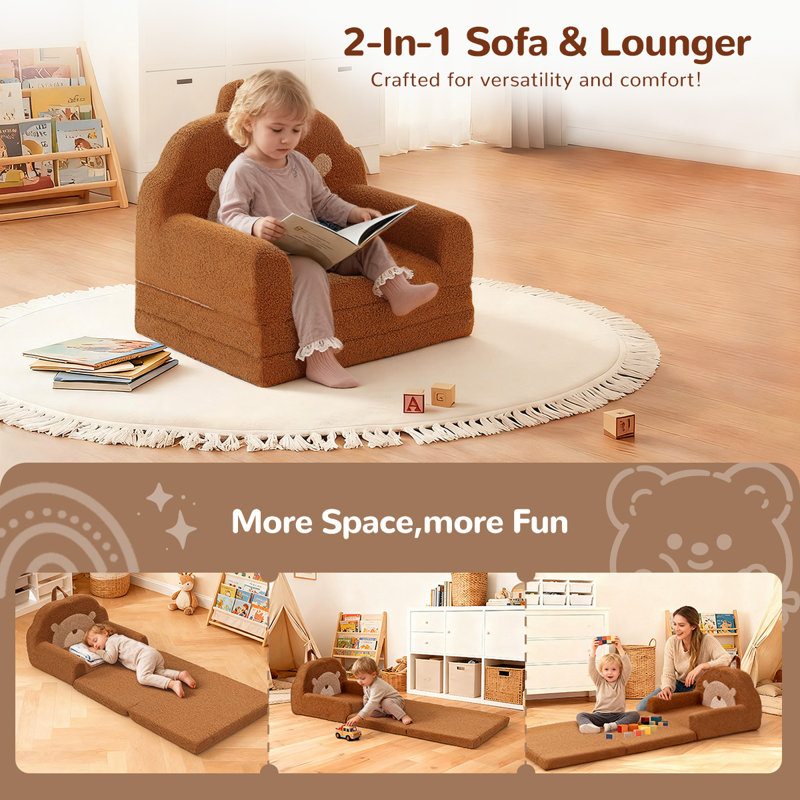 Extra Wide Soft Toddler Couch Fold Out, 2-in-1 Kids Couch, Convertible Kids Sofa to Lounger, Comfy Toddler Chair, Kid Furniture for Playroom, Ideal Gifts for Boys & Girls