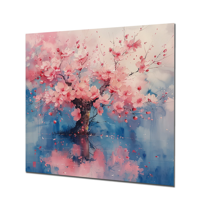  «Rose Blue Spring Blooming Cherry Blossom Tree I - Décoration murale cerisier en fleurs, Métal métal
