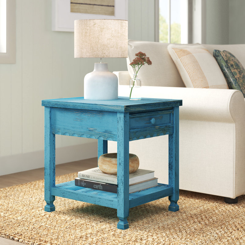 Arkadia Solid Wood End Table with Storage, Blue