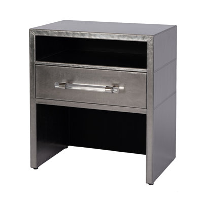 Allman 24 in. W Wood and Leather 1 Drawer Nightstand, Silver