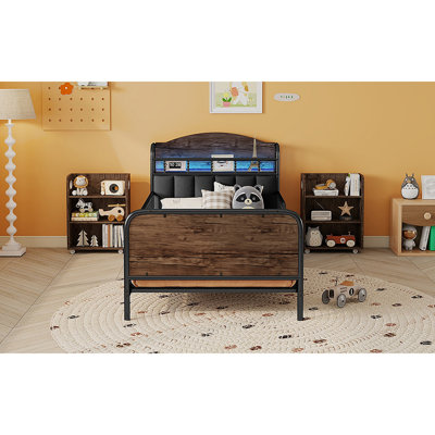 Structure de lit plateforme en métal avec lumière, lit en métal pour enfants avec tablettes de rangement rembourrées et coulissantes