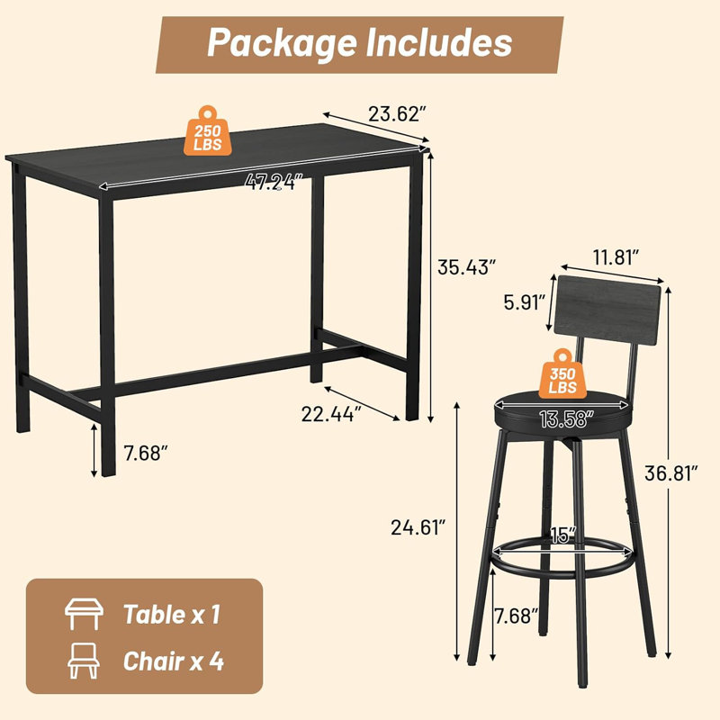 5 Piece Bar Table Set with 4 Bar Stools PU Soft Seat and Sturdy Metal Frame, Black, Black