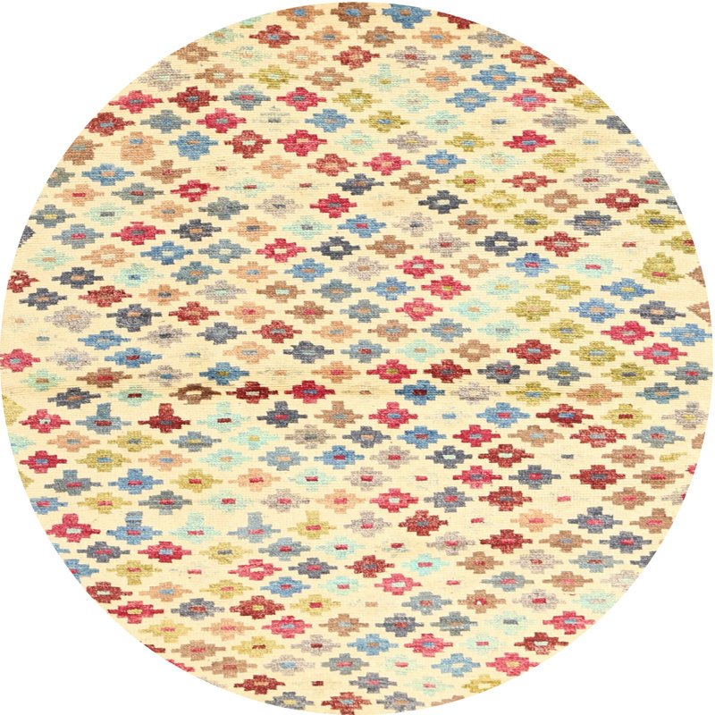 Tapis géométrique beige / brun / bleu, Rond 4 pi