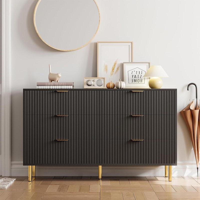 6 Drawer Dresser For Bedroom, With Gold Metal Handles, Black