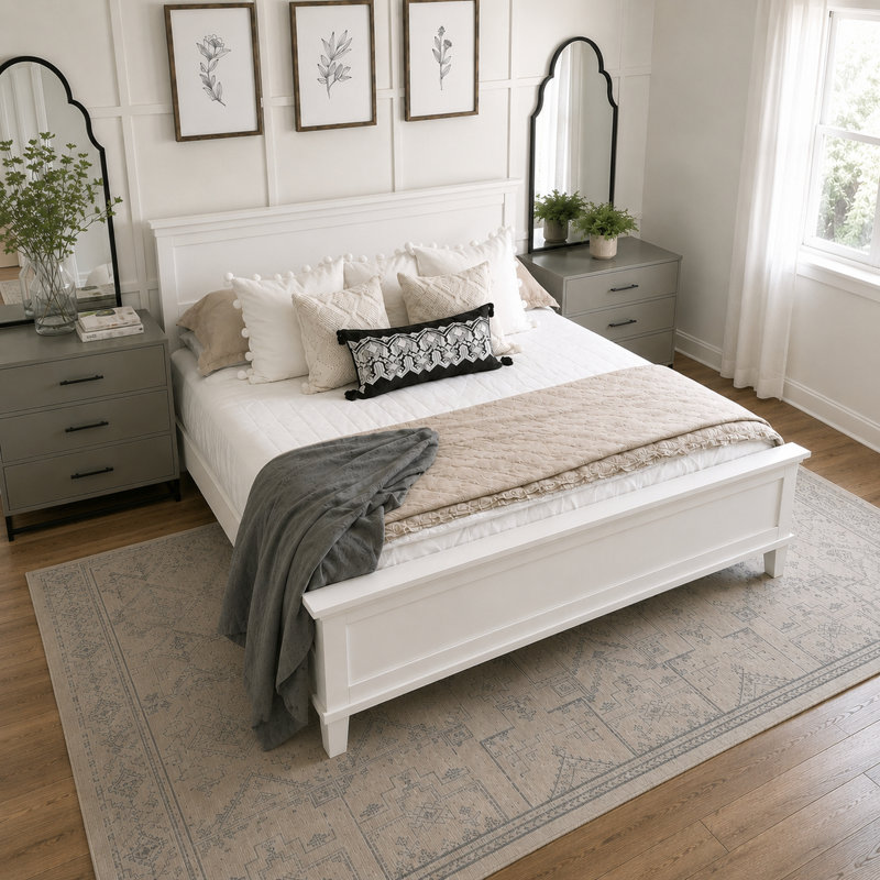 Lit plateforme en bois massif avec tête de lit et support à lattes, aucun sommier requis, Blanc, King