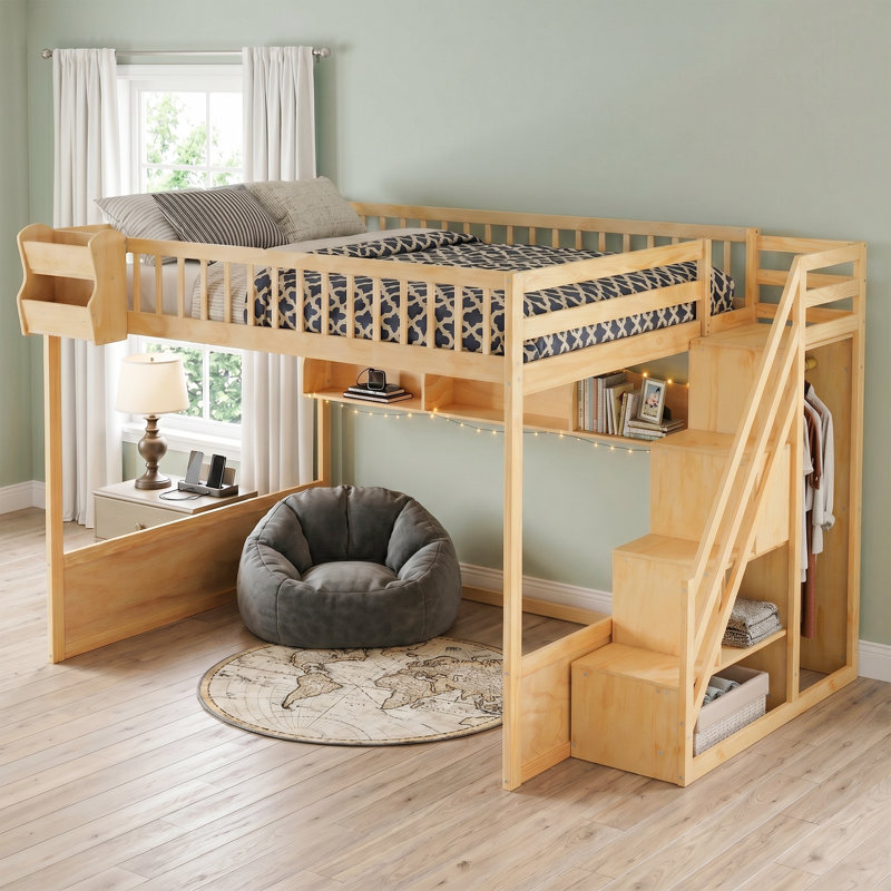 Structure de lit mezzanine en bois pour grand lit, avec espace polyvalent sous le lit, escalier, garde-robe et tablettes de rangement pour un rangement organisé, facile à assembler