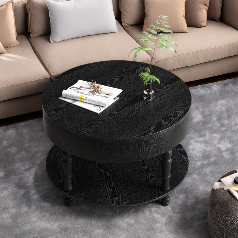 Table basse ronde moderne avec compartiment caché, tablette ouverte et pieds réglables, Noir