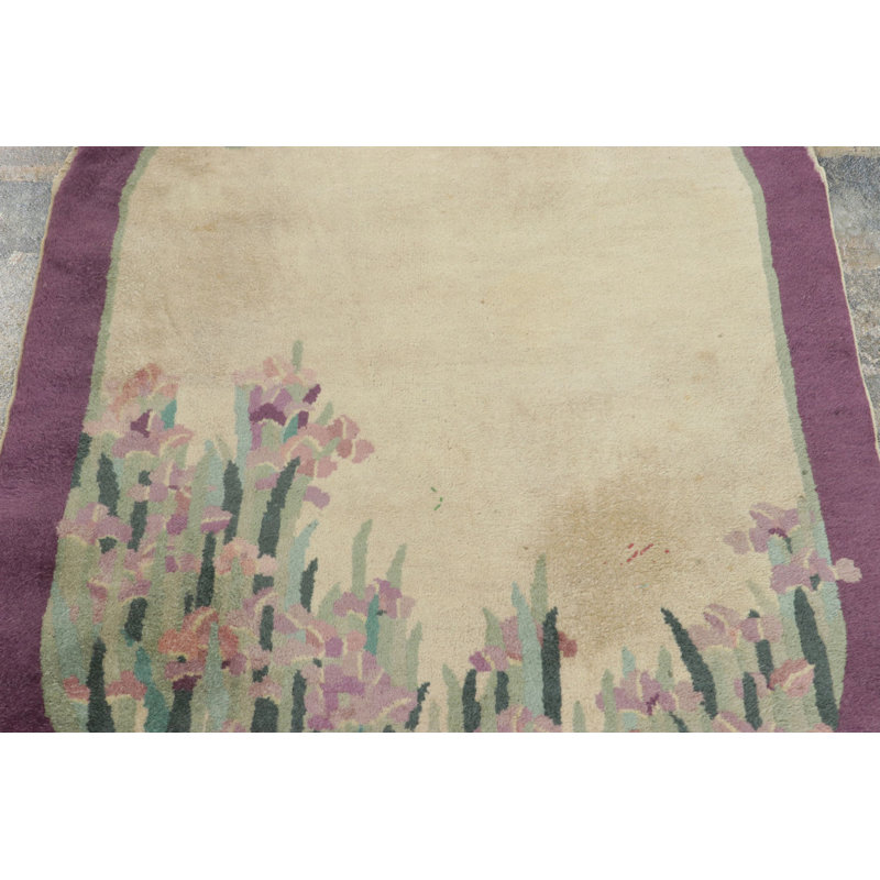 Antique Chinese Art Deco Oval Rug With Rising Irises And Lilac Border