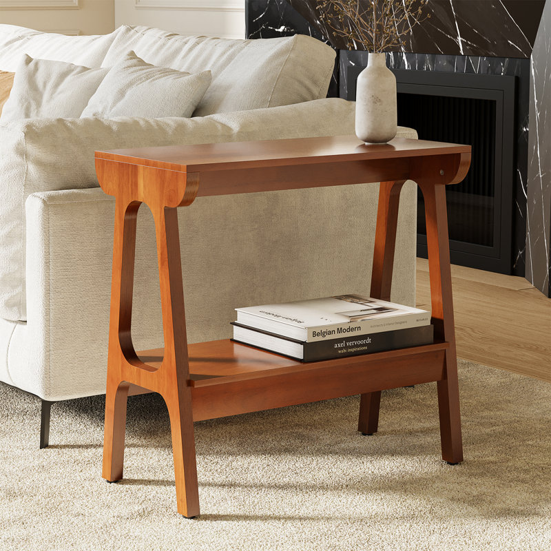Table de bout étroite en bois massif avec rangement à 2 niveaux