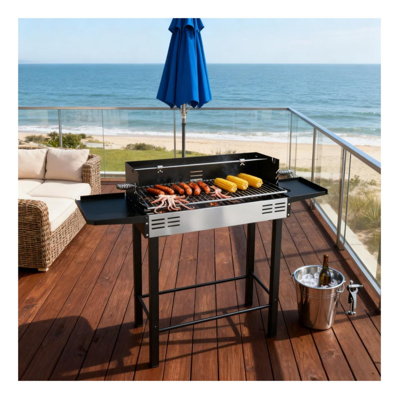 Barbecue au charbon à 3 niveaux avec fonction rôtissoire et grille à rôtir fendue, noir et argent