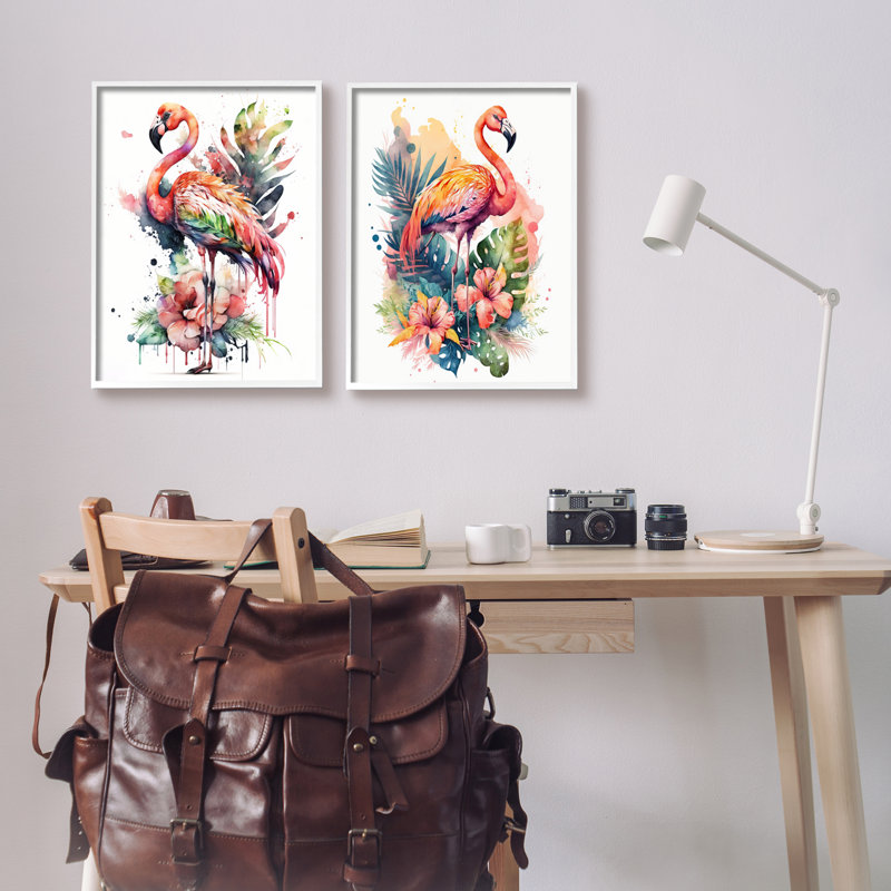 Flamants tropicaux modernes, impression sur bois, 2 pièces, Giclée encadrée blanc bord de mer, H 20 po x l 32 po x P 1,5 po