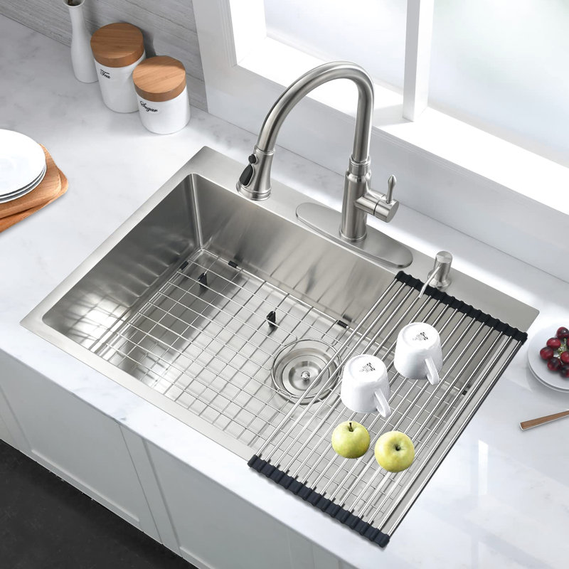 Stain 30 In Drop-In Kitchen Sink With Large Capacity & 3.5" Drain Rust Stainless Steel Basket Strainer Extra Basin