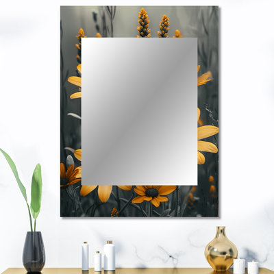 Fleurs jaunes et gris rétro - fleurs sauvages, miroir mural traditionnel unique, impression sur métal