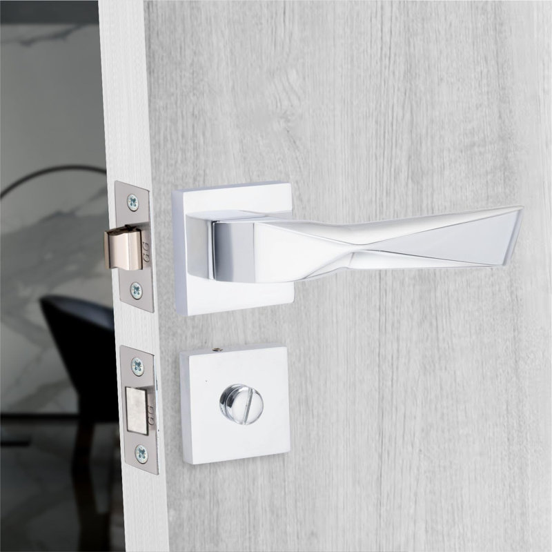 Modern Aura Premium Design Bathroom Door Handles on Square Rose with Dead Bolt, Latch, Ball Hinges and Thumbturn, Lock