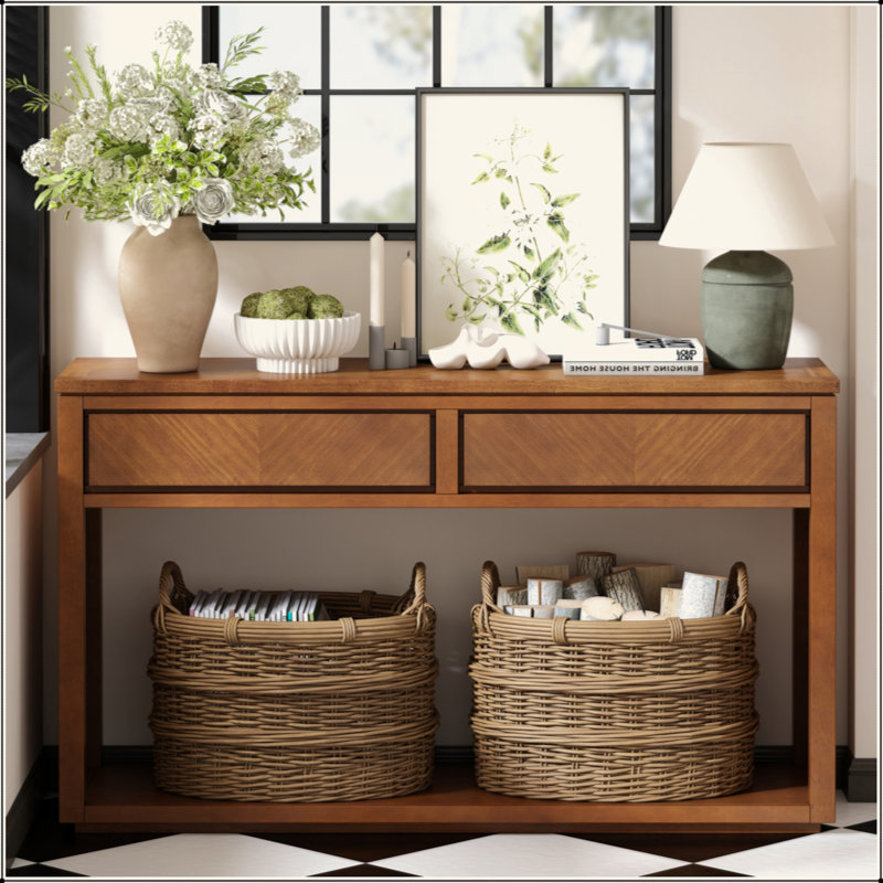 55" Console Table, Rustic Wooden Entryway Table With Storage Drawers And Open Shelf, Elegant Sofa Table For Hallway And Living Room