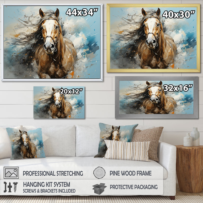 Cheval galopant fantaisiste sur toile, H 16 po x l 32 po x P 1 po, Cadre simple blanc